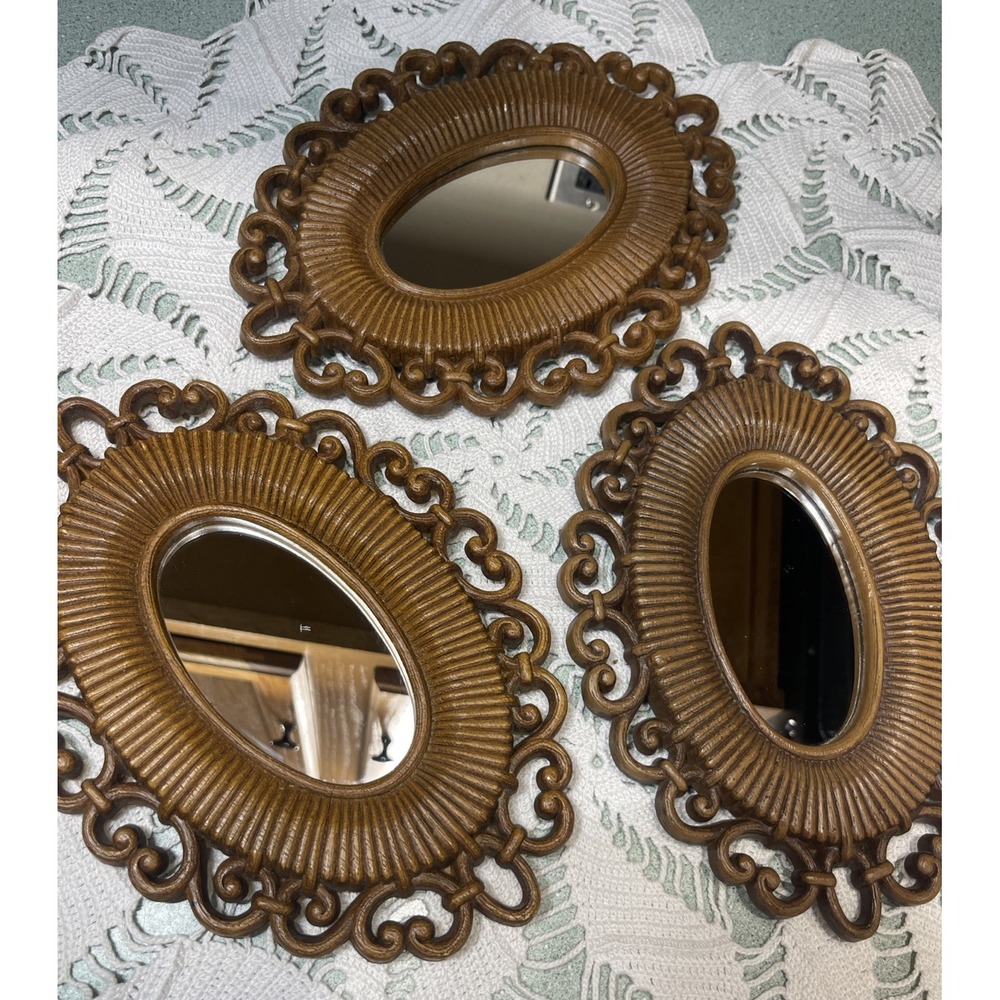 Vintage Faux Rattan Wicker Homco Dart Oval Small Accent Mirror Decor Lot Of 3